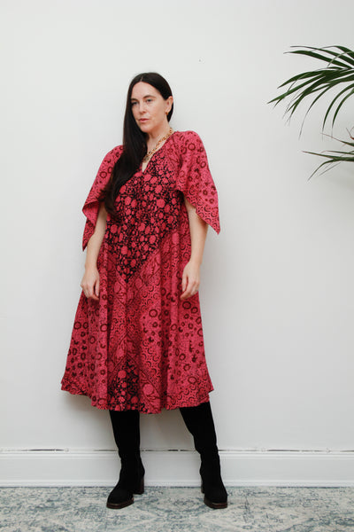 1970's Pink Indian Cotton Block Print Kaftan