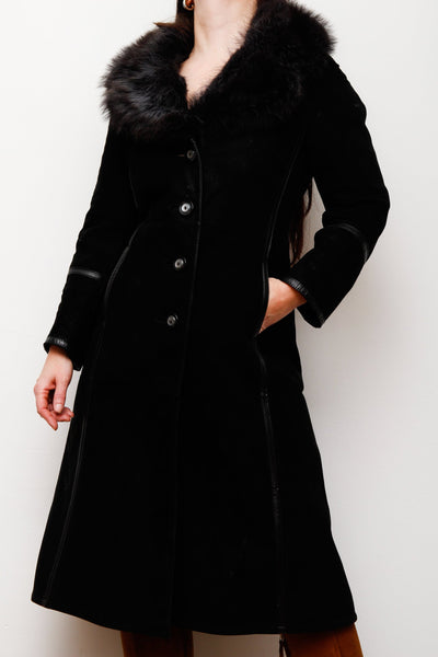 70's Black Fox Fur Suede Trench Coat