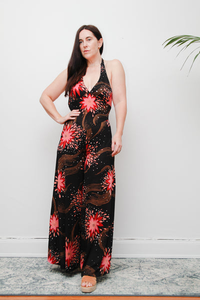 Stunning 1970s Vintage Floral Palazzo Jumpsuit – Floral Boho Style