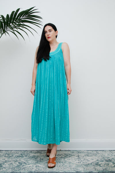 1970's Turquoise Green Crinkle Cotton Grecian Cotton Smock Dress