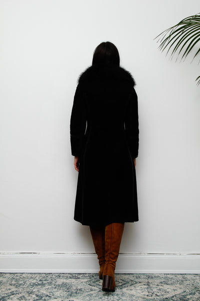 70's Black Fox Fur Suede Trench Coat