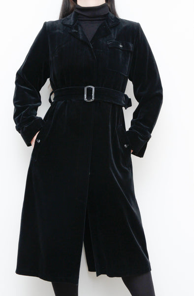 1970's Black Velvet Belted Trench Coat