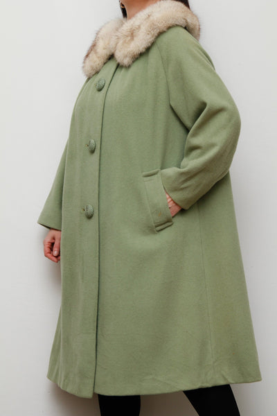 1960's Green Wool Smock Saga Fox Fur Wool Coat