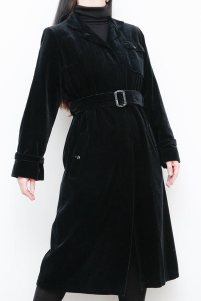 1970's Black Velvet Belted Trench Coat