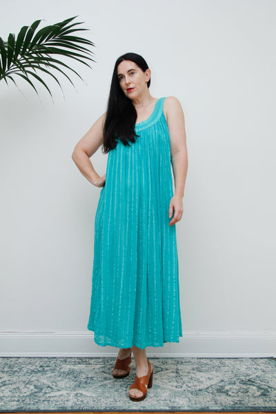 1970's Turquoise Green Crinkle Cotton Grecian Cotton Smock Dress