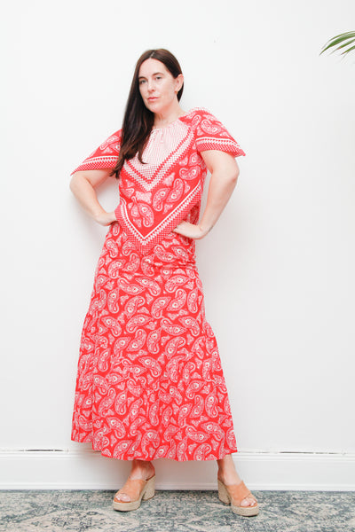 1970s Boho Prairie Skirt & Top Set | Vintage Western Bandana Print Two-Piece – Cotton Kaftan Sleeve Outfit