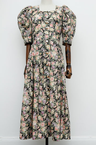 Vintage Floral Black Puffy Sleeve Prairie Cotton Dress