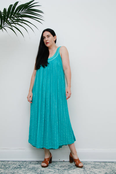 1970's Turquoise Green Crinkle Cotton Grecian Cotton Smock Dress