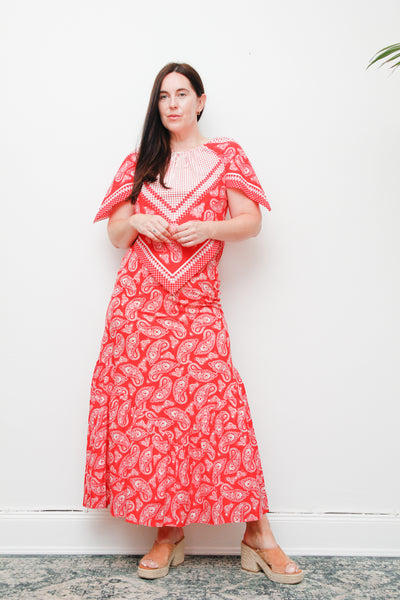 1970s Boho Prairie Skirt & Top Set | Vintage Western Bandana Print Two-Piece – Cotton Kaftan Sleeve Outfit