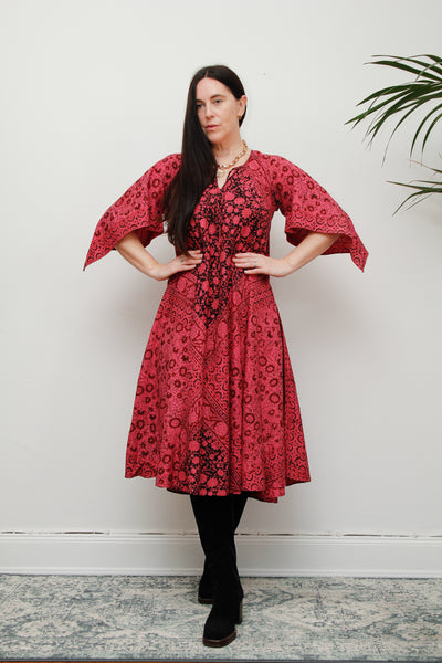 1970's Pink Indian Cotton Block Print Kaftan