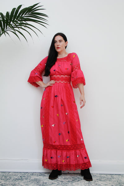 1970's Pink Floral Cotton Lace Mexican Kaftan Dress