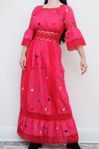 1970's Pink Floral Cotton Lace Mexican Kaftan Dress