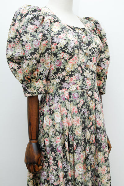 Vintage Floral Black Puffy Sleeve Prairie Cotton Dress