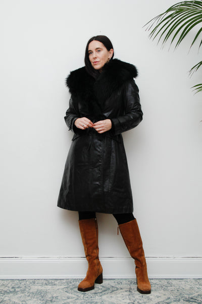 1970's Afghan Penny Lane Fur Collar Black Leather Coat