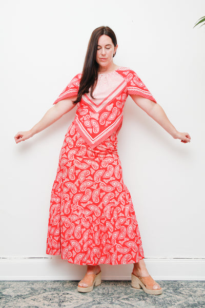 1970s Boho Prairie Skirt & Top Set | Vintage Western Bandana Print Two-Piece – Cotton Kaftan Sleeve Outfit