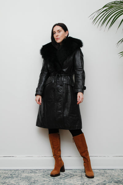 1970's Afghan Penny Lane Fur Collar Black Leather Coat