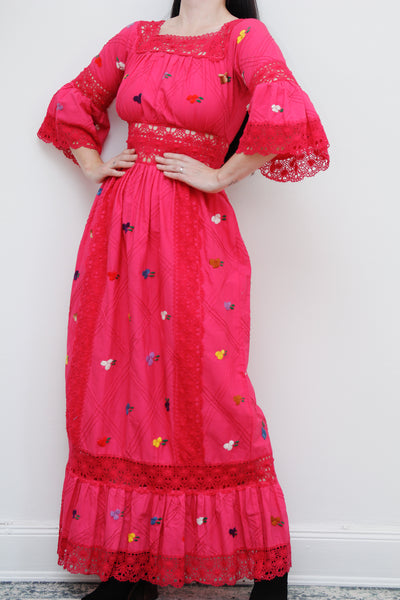 1970's Pink Floral Cotton Lace Mexican Kaftan Dress