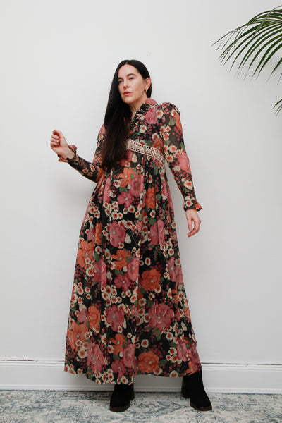 Vintage Floral Cotton Sheer Frilled Maxi Dress