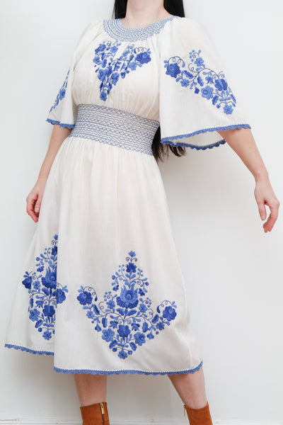 1970's Floral Hungarian Cotton Embroidered Maxi Dress