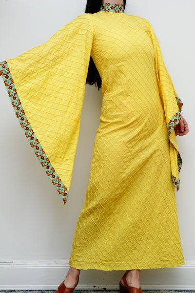 1970's Yellow Cotton Lace Mexican Kaftan Wizard Sleeve Dress