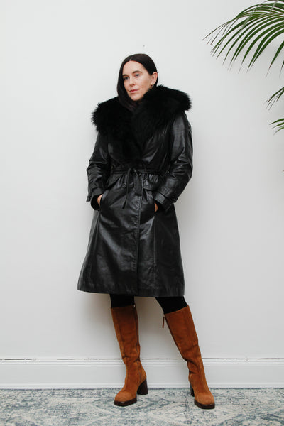 1970's Afghan Penny Lane Fur Collar Black Leather Coat