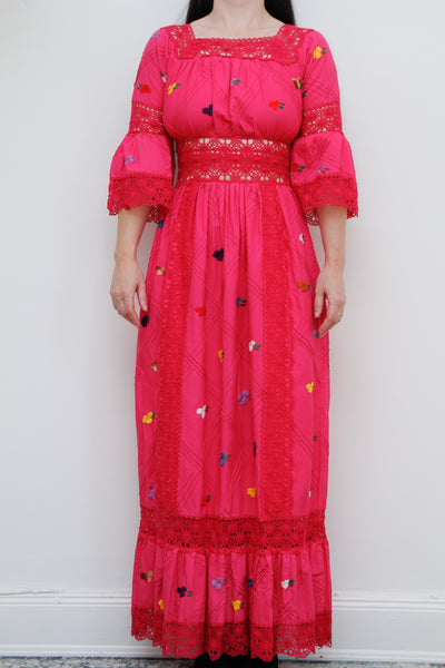 1970's Pink Floral Cotton Lace Mexican Kaftan Dress