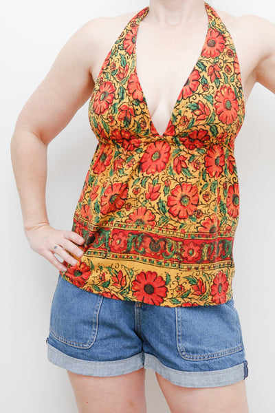 1970's Indian Floral Block Cotton Halter Top Rare