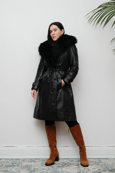 1970's Afghan Penny Lane Fur Collar Black Leather Coat