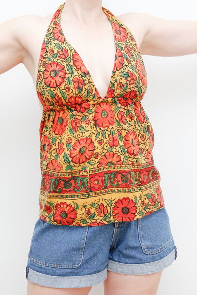 1970's Indian Floral Block Cotton Halter Top Rare