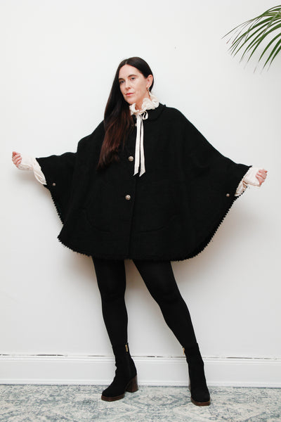 1970's Black Wool Folklore Cape