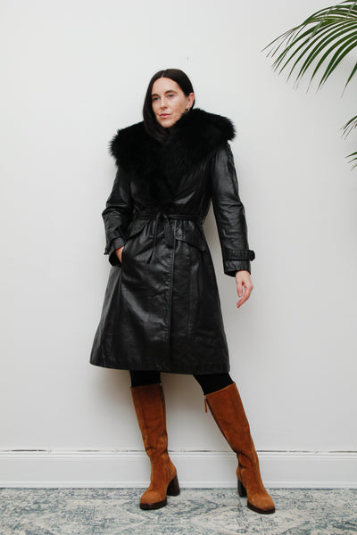 1970's Afghan Penny Lane Fur Collar Black Leather Coat