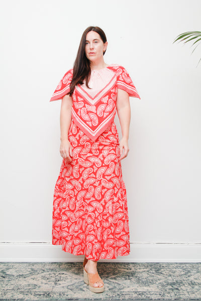 1970s Boho Prairie Skirt & Top Set | Vintage Western Bandana Print Two-Piece – Cotton Kaftan Sleeve Outfit