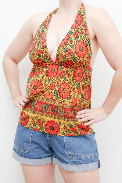 1970's Indian Floral Block Cotton Halter Top Rare