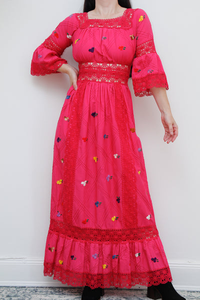 1970's Pink Floral Cotton Lace Mexican Kaftan Dress