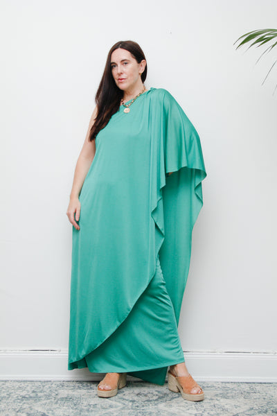 Original 1970s One-Shoulder Grecian Maxi Dress – Flowing Green Elegance