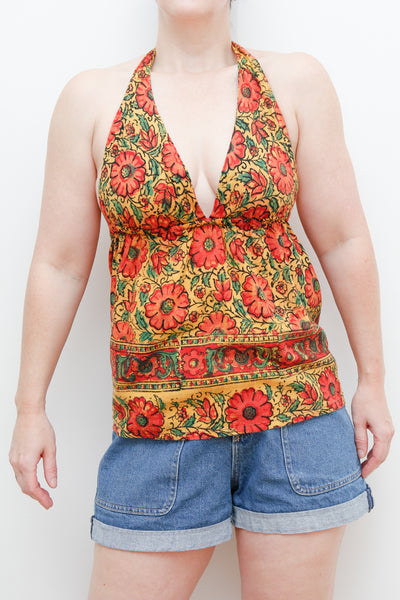 1970's Indian Floral Block Cotton Halter Top Rare