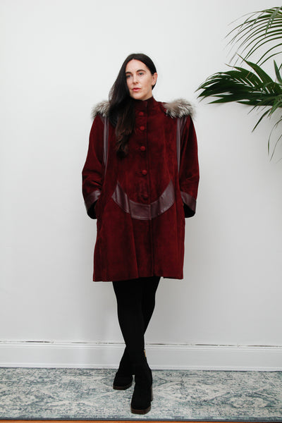 Vintage 80's Fox Fur  Hooded Suede Parka Coat