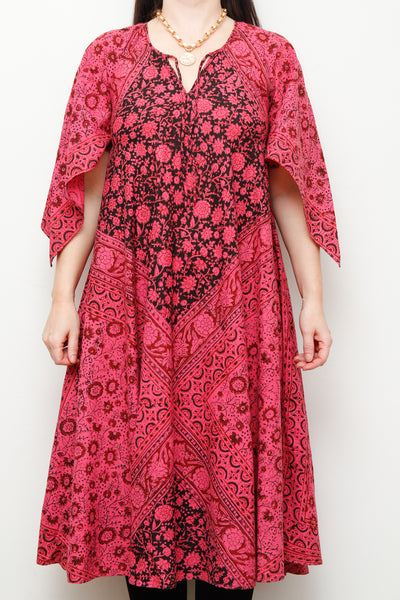 1970's Pink Indian Cotton Block Print Kaftan