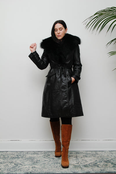 1970's Afghan Penny Lane Fur Collar Black Leather Coat