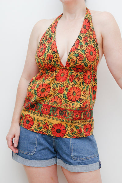 1970's Indian Floral Block Cotton Halter Top Rare