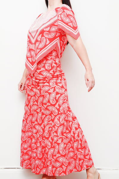 1970s Boho Prairie Skirt & Top Set | Vintage Western Bandana Print Two-Piece – Cotton Kaftan Sleeve Outfit
