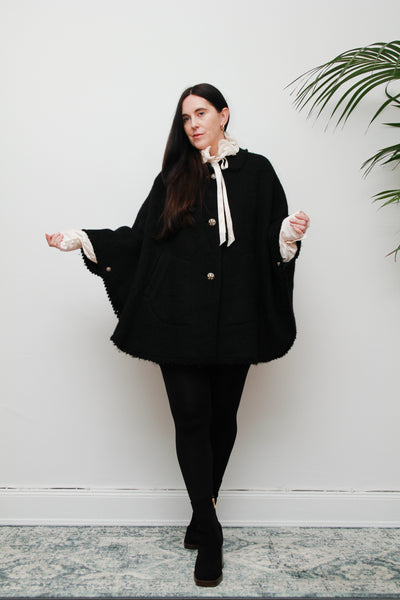 1970's Black Wool Folklore Cape