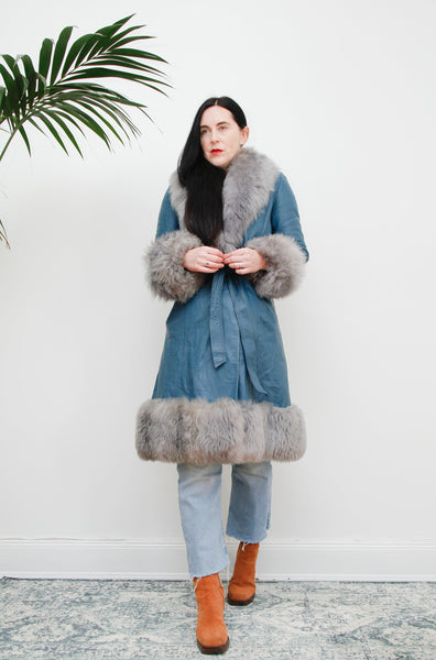 1970's Blue Afghan Penny Lane Leather Maxi Coat