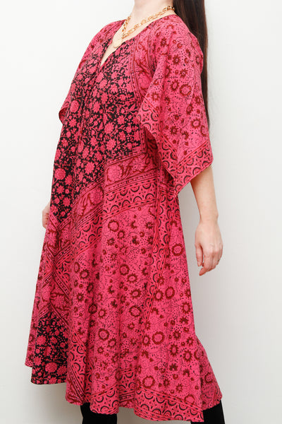 1970's Pink Indian Cotton Block Print Kaftan