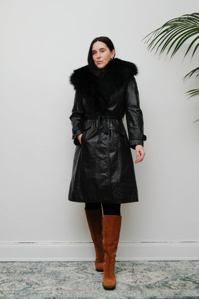 1970's Afghan Penny Lane Fur Collar Black Leather Coat