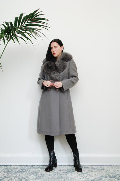 Vintage Wool Grey Trench Coat with Fox Fur Collar Princess Coat