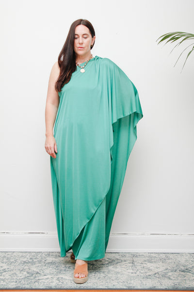 Original 1970s One-Shoulder Grecian Maxi Dress – Flowing Green Elegance