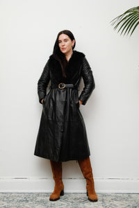 1970's Black Leather Trench Coat with Fur Collar