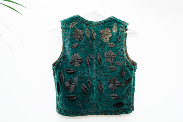 Vintage Green Velvet Embroidered Hippie Waistcoat