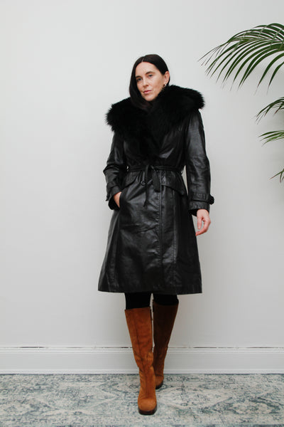 1970's Afghan Penny Lane Fur Collar Black Leather Coat